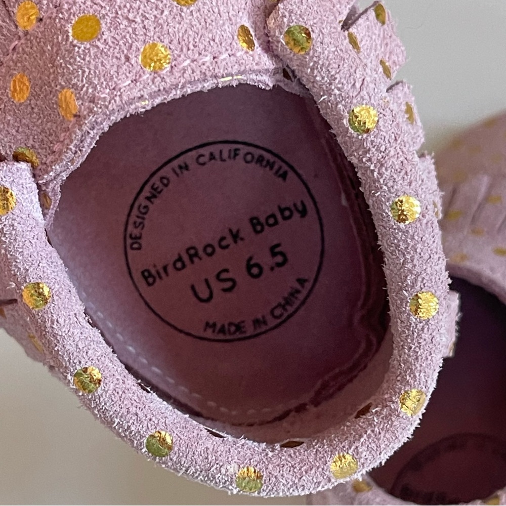 Bird Rock Baby Confetti Blush Pink and Gold Dots Moccasins Sz 6.5 Girl’s Fringe - Picture 13 of 15